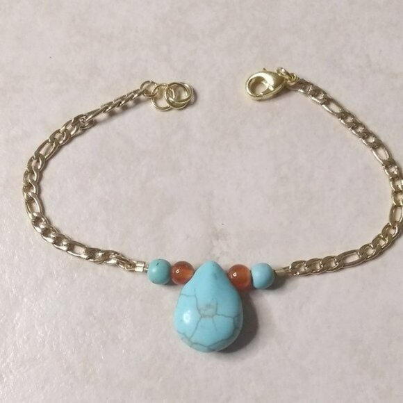 🍂🍁🍃 3/$25!!! Dainty Chain Bracelet w. Aqua/Turquoise + Tangerine Focal Beads - Picture 1 of 6